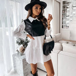 Carregue a imagem no visualizador da Galeria, Casual Long Sleeve Mini Shirt Dress For Women White 2024 Spring PU Leather Patchwork Plaid Woman Dresses Clothing Femme Robe  Amaijoin
