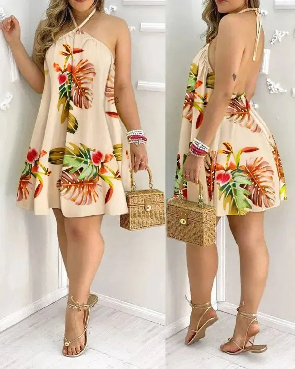 Tropical Print Halter Neck Dress, Vacation Style Backless Dress For Spring & Summer, Women's Clothing  Amaijoin