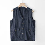 Carregue a imagem no visualizador da Galeria, Japan Style Harajuku Men 100% Linen Vest Thin Simple Casual Loose Tops High Quality Yarn-Dyed Multi-Pockets Sleeveless Waistcoat  Amaijoin
