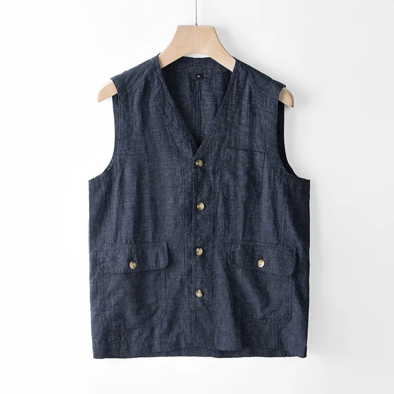 Japan Style Harajuku Men 100% Linen Vest Thin Simple Casual Loose Tops High Quality Yarn-Dyed Multi-Pockets Sleeveless Waistcoat  Amaijoin