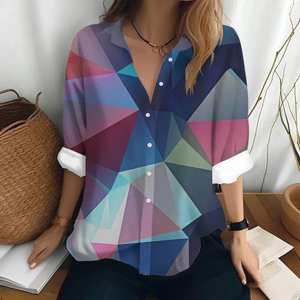 Autumn Women's Shirt Polo Collar Long Sleeve T-shirt Fashion Print Top Fashion Party Trend Women's Shirt Button Casual T-shirt  Amaijoin