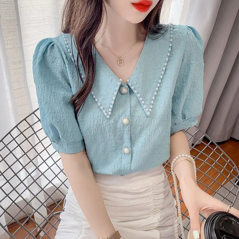 Sweet Peter Pan Collar Puff Sleeve Button Oversized Beading Blouse Summer Casual Tops Elegant Female Clothing Commute Shirt  Amaijoin