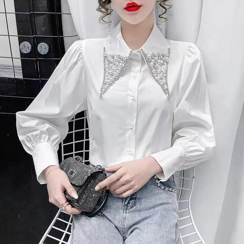 Polo Shirts for Women in Spring 2024 Korean Fashion Long Sleeved Shirts with Studded Elegant Commuter Tops Blouse Women  Amaijoin