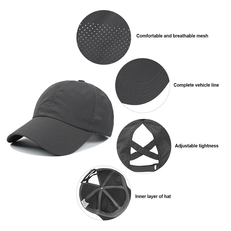 Summer Solid Color Baseball Caps Golf Wear Women Sport Leisure Cross Ponytail Hat Mesh Quick-Drying Half-Hollow Men's Peaked Cap  Amaijoin