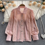 Carregue a imagem no visualizador da Galeria, Women&#39;s Korean Style Loose Lace Hollow Shirt Top Polo Collar Single Breasted Long Sleeve Shirt 2024 Spring/Summer Sweet Clothing  Amaijoin
