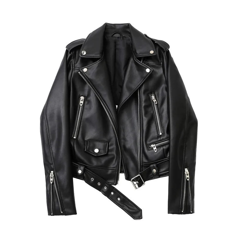 ZVRI Spring and Autumn 2023 New faux leather PU jacket with belt women's lapel motorcycle jacket black zip biker jacket  Amaijoin