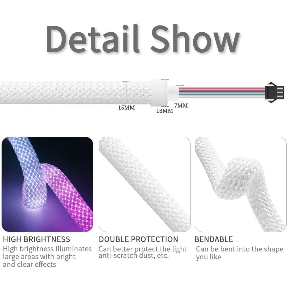 WS2812B WS2811 DC5V Round Reticulate Pattern Neon LED Strip 50Leds/m 360 Degree Smart RGBIC Flexible  Silicone Light Tape IP67  Amaijoin