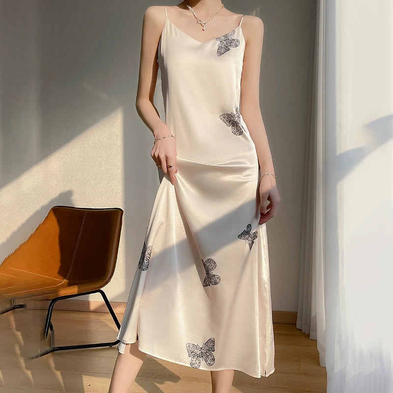 Summer Sling Skirt Silk Vest Satin Dress Ladies Sleeveless Outer Wear Thin French Suit Inside New Mulberry Silk Base Long Skirt  Amaijoin