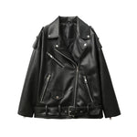 Load image into Gallery viewer, ZVRI 2023 new women&#39;s motorcycle leather PU imitation leather loose Osaka jacket Black pocket belt zipper jacket  Amaijoin
