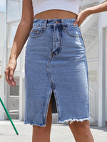 Carregue a imagem no visualizador da Galeria, Benuynffy Zipper Fly Raw Hem Split Denim Skirt Women Spring and Summer High Waist Jeans Skirt Female Casual Bodycon Midi Skirts  Amaijoin
