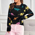 Carregue a imagem no visualizador da Galeria, Dinosaurs Print Crew Neck Pullover Sweater  Y2K Long Sleeve Color Block Knitted Sweater For Spring &amp; Summer  Women&#39;s Clothing  Amaijoin
