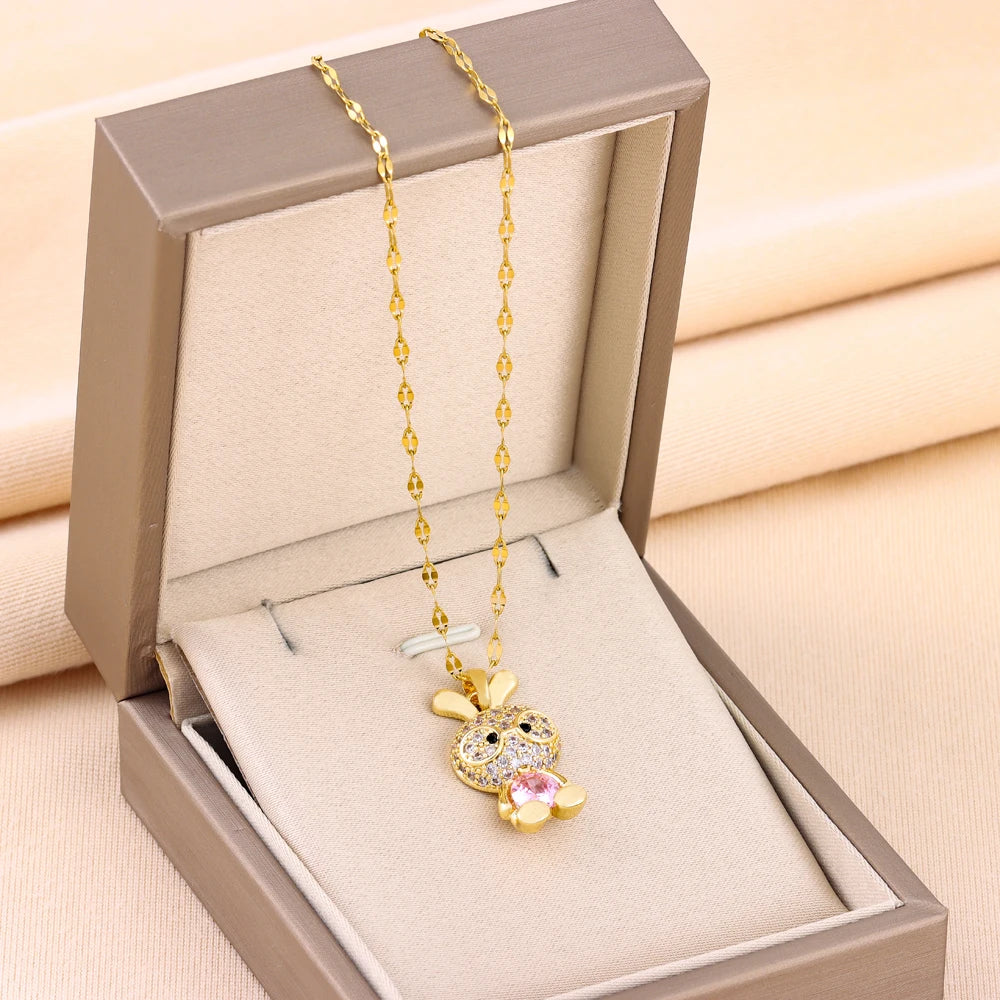 New In Sparkling Sweet Sexy Zircon Crystal Rabbit Pendant Necklaces For Women Trendy Ladies Stainless Steel Neck Chain Jewelry  Amaijoin