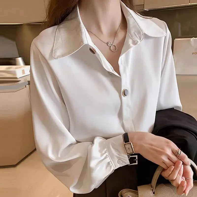 Button Up Spring White Office Outfits Clothes Formal Long Sleeve Satin Womens Shirt & Blouse Wear To Work Silk Tops for Women S  Amaijoin