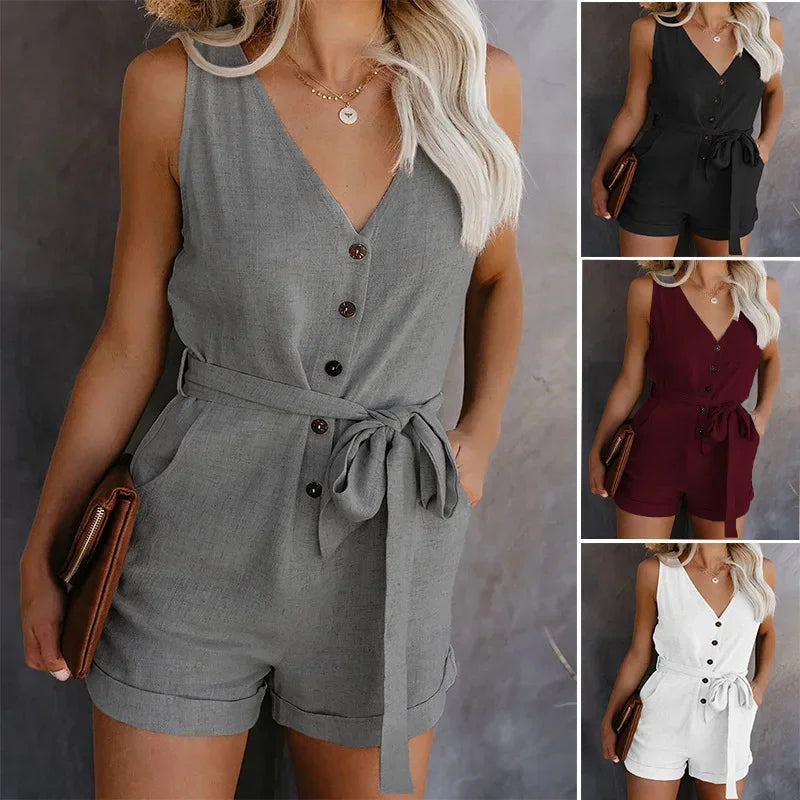 Women's Casual V-neck Monochromatic Jumpsuit, Five-Point Shorts, European and American, Summer, New, 2022  Amaijoin