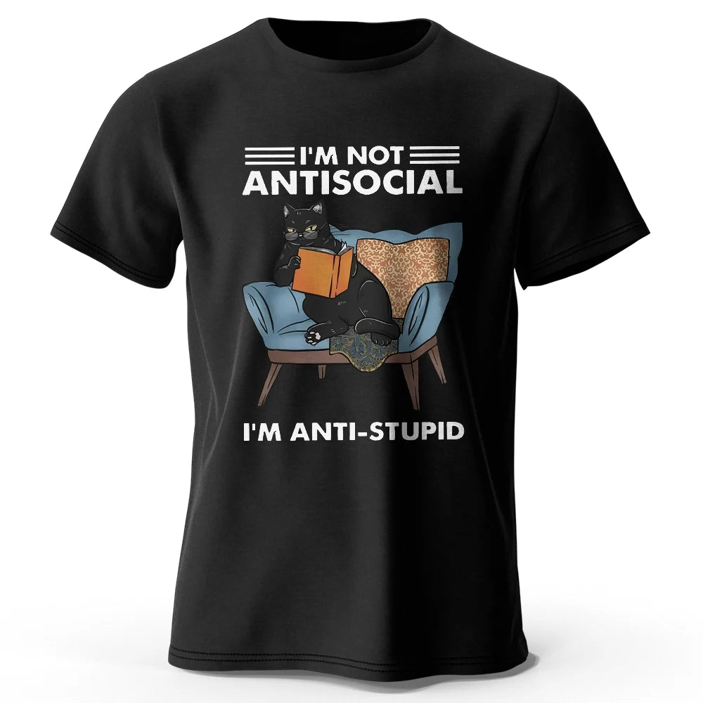 Men's I Am Not Anti Social Printed T-Shirt 100% Cotton Oversized Funny Cat Graphic Tees for Men Women Summer Tops  Amaijoin