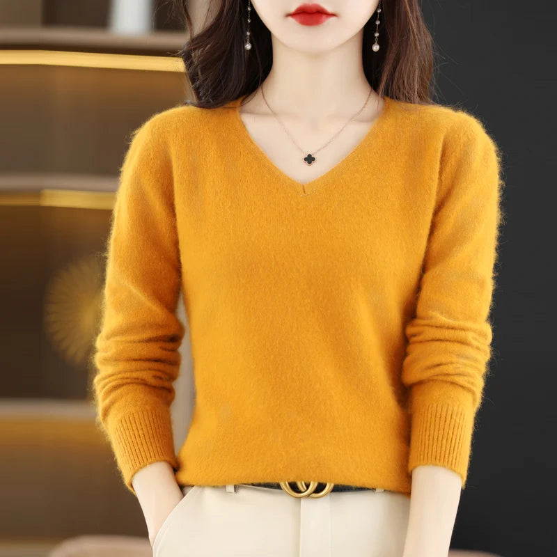 Women's Flat V-neck Mink Cashmere Sweater New Autumn/winter 2023 Knitted Loose Pullover Commuter Basic Knit Top  Amaijoin