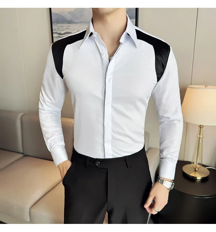 British Style PU Patchwork Shirt for Men Large Lapel Long Sleeve Shirt Casual Business Dress Shirts Social Party Banquet Shirt  Amaijoin