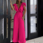 Carregue a imagem no visualizador da Galeria, Elegant Pleated Jumpsuits &amp; Rompers Women Deep V Neck Ruffles High Waisted Floor Length Luxury Birthday Party Dinner Outfits New  Amaijoin
