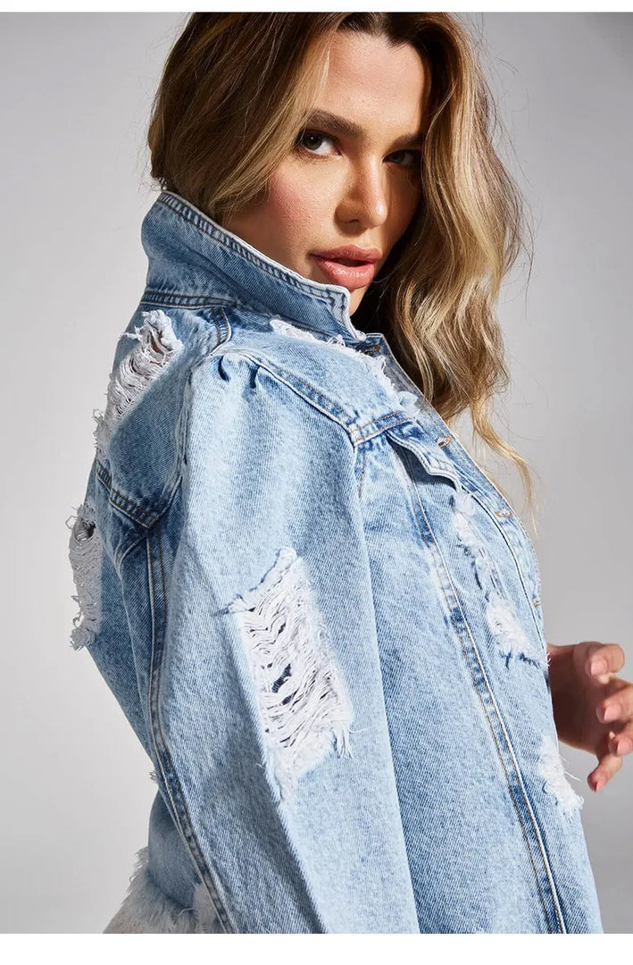 2022 Fall New Woman Long Sleeve Ripped Short Denim Jacket Fashion Hipster Jeans Coat Street Casual Female Clothing S-XL  Amaijoin