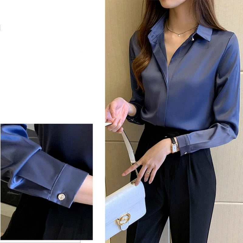 Silk Women's Shirt Long Sleeve Fashion Woman Blouses 2023 Satin Top Female Shirts and Blouse Basic Ladies Tops OL Women Clothing  Amaijoin