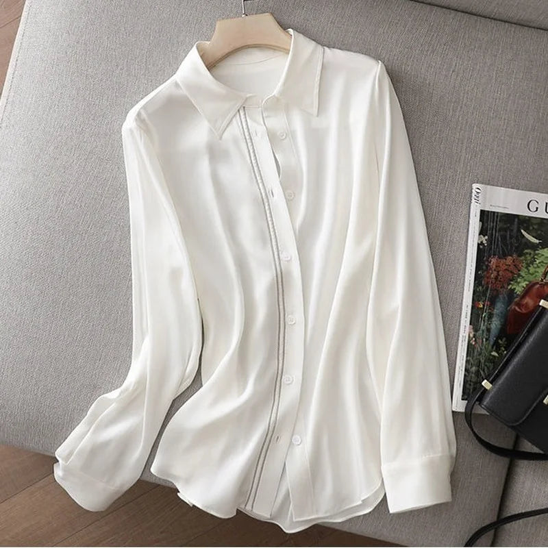 Youth Summer Blouse for Women Casual Silk Fashion Satin Satin Shirt Woman Formal White Office Wear Aesthetic Beautiful Loose New  Amaijoin