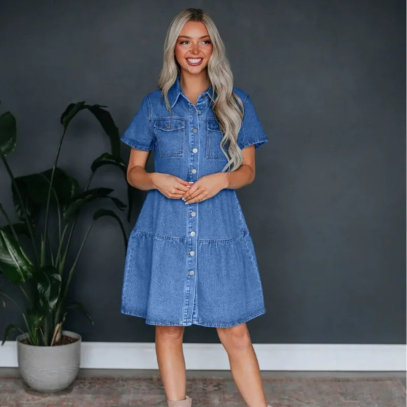 2024 Spring Summer New Women's Clothing Solid Color Short Sleeve Lapel Casual Denim Dress High Waist Dress  Amaijoin