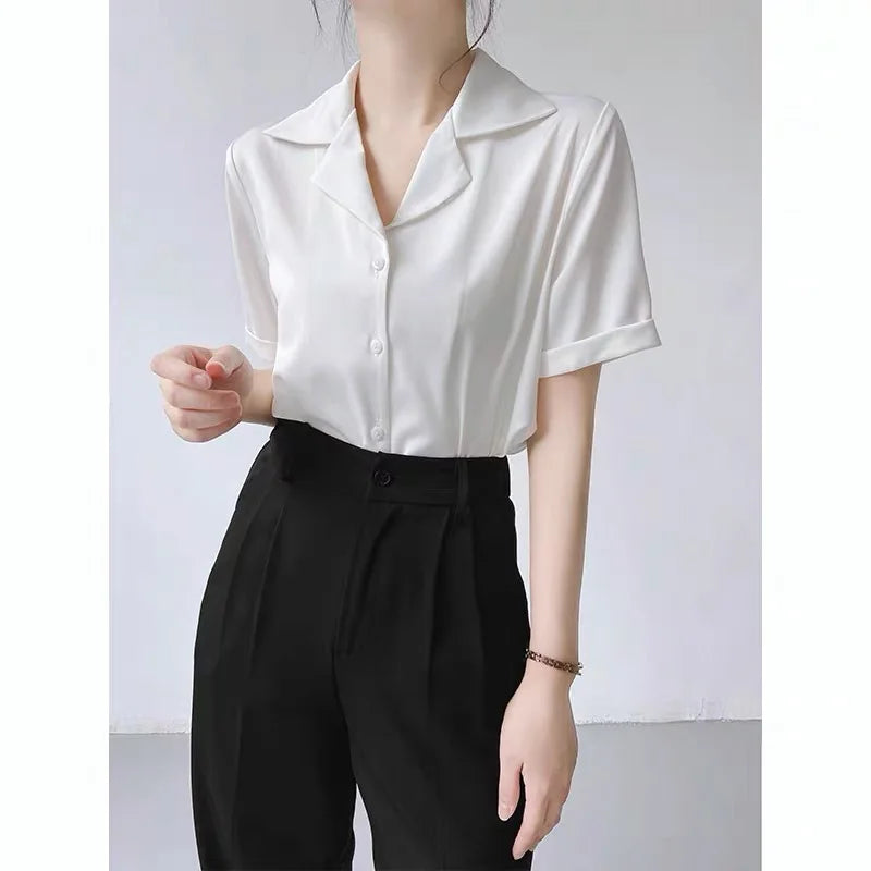 Elegant Women's Blouse Summer New Solid Short Sleeve Korean Fashion Office Lady Shirts Casual Ladies Clothes Top Female Shirts  Amaijoin