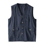 Carregue a imagem no visualizador da Galeria, Japan Style Harajuku Men 100% Linen Vest Thin Simple Casual Loose Tops High Quality Yarn-Dyed Multi-Pockets Sleeveless Waistcoat  Amaijoin
