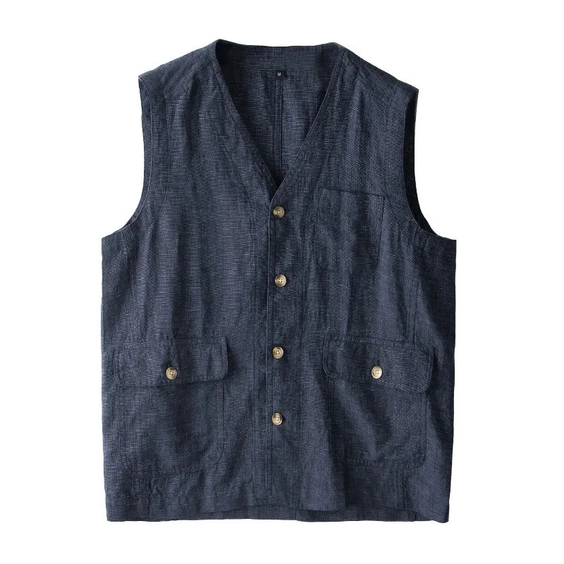 Japan Style Harajuku Men 100% Linen Vest Thin Simple Casual Loose Tops High Quality Yarn-Dyed Multi-Pockets Sleeveless Waistcoat  Amaijoin