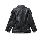 Load image into Gallery viewer, ZVRI 2023 new women&#39;s motorcycle leather PU imitation leather loose Osaka jacket Black pocket belt zipper jacket  Amaijoin
