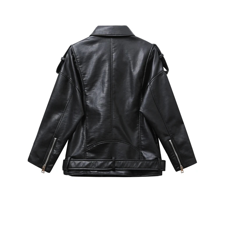 ZVRI 2023 new women's motorcycle leather PU imitation leather loose Osaka jacket Black pocket belt zipper jacket  Amaijoin