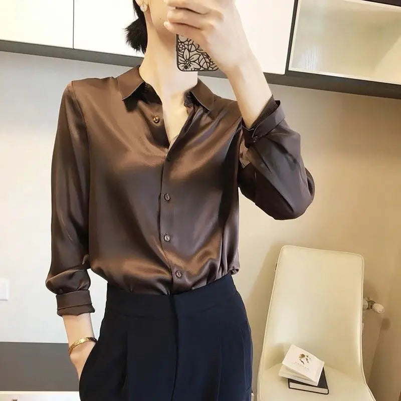 Luxury Blouses or Tops for Women Casual Loose Youth Long Sleeve Korean Chiffon Fashion Formal Silk Office Wear Satin Shirt Woman  Amaijoin