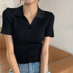 Carregue a imagem no visualizador da Galeria, HELIAR Women Knitted Polo Shirts Summer V-Neck Short Sleeves Solid Casual Crop Tops For Women Slim Y2K Sexy Tops Spring  Amaijoin
