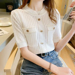 Load image into Gallery viewer, 2023 Summer New French GentleIce Silk Round Neck Short Sleeve T-shirt Women&#39;s Solid Button Small Fragrant Wind Knitted Slim Top  Amaijoin
