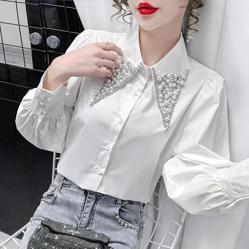 Polo Shirts for Women in Spring 2024 Korean Fashion Long Sleeved Shirts with Studded Elegant Commuter Tops Blouse Women  Amaijoin