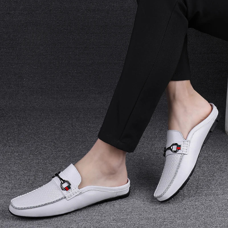 Man New Fashion First Layer Cowhide Casual Half Shoes Male Backless Loafer Half Footwear Hombre Open Back Leather Comfy Mocassin  Amaijoin