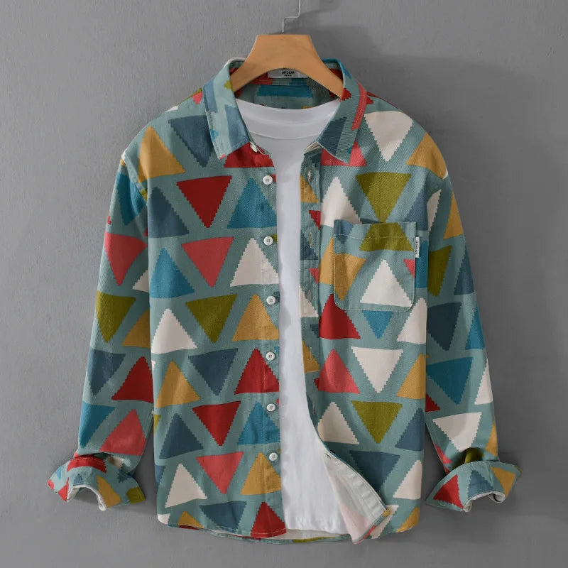 9655 100% Cotton Spring Fall Fashion Men's Colorful Print Long Sleeve Shirts Japan Style Geometry Chic Versatile Streetwear Tops  Amaijoin