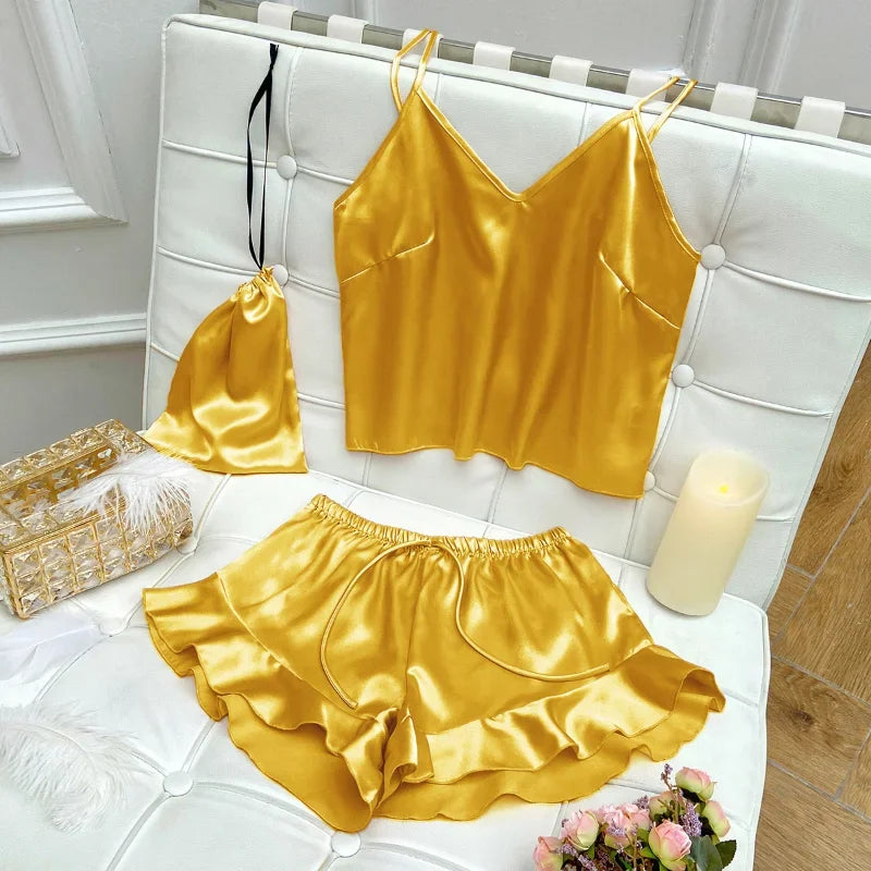 Fashion Sexy Underwear Set Women's 2 Pieces Sleepwear Pyjamas Silk Satin Bellyband Cami Top and Shorts Pajamas for Women Pijamas  Amaijoin