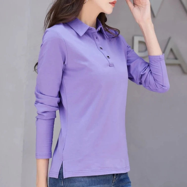 Autumn New In Basic T Shirt Long Sleeve Cotton Plus Size Cotton Polo T- Shirt Women Button Casual Office Lady Formal Women Tops  Amaijoin