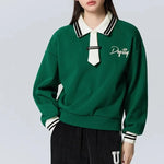 Carregue a imagem no visualizador da Galeria, Semir Sweatshirt Women Polo Collar Letter Art Winter Loose Contrasted Color Temperament Trendy Plus Velvet Pullover  Amaijoin
