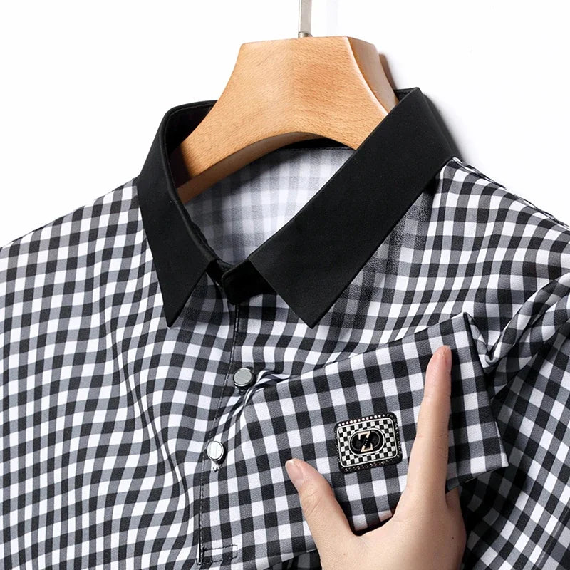 New Men's Plaid Badge Short Sleeved POLO Shirt Summer Casual Top  Amaijoin