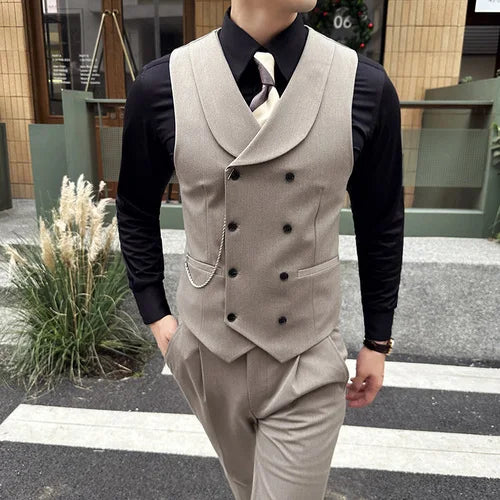 High Quality Autumn Double Breasted Suit Vest Men Business Formal Sleeveless Vest Slim Fit Wedding Groom Banquet Party Waistcoat  Amaijoin