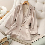 Carregue a imagem no visualizador da Galeria, Champagne color Triacetic Acid fabric women blazers Small Suits coat Slim Fitting Waist Closing Silk Satin Suits Thin Coats  Amaijoin
