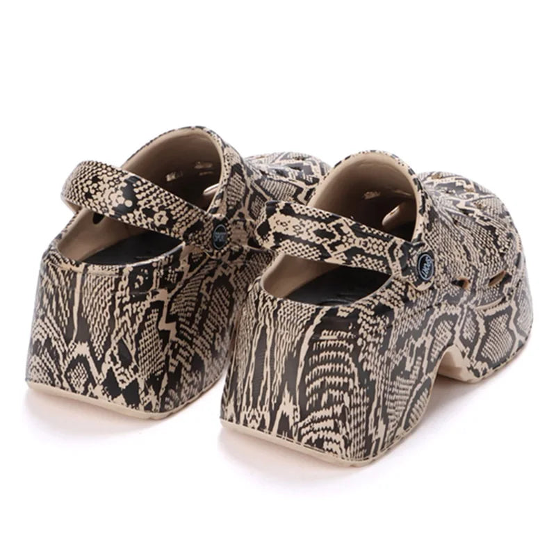 Leopard Thick Bottom Clogs for Women Closed Toe Chunky Platform Sandals Woman Summer 2023 Super High Wedge Heel Slippers Female  Amaijoin