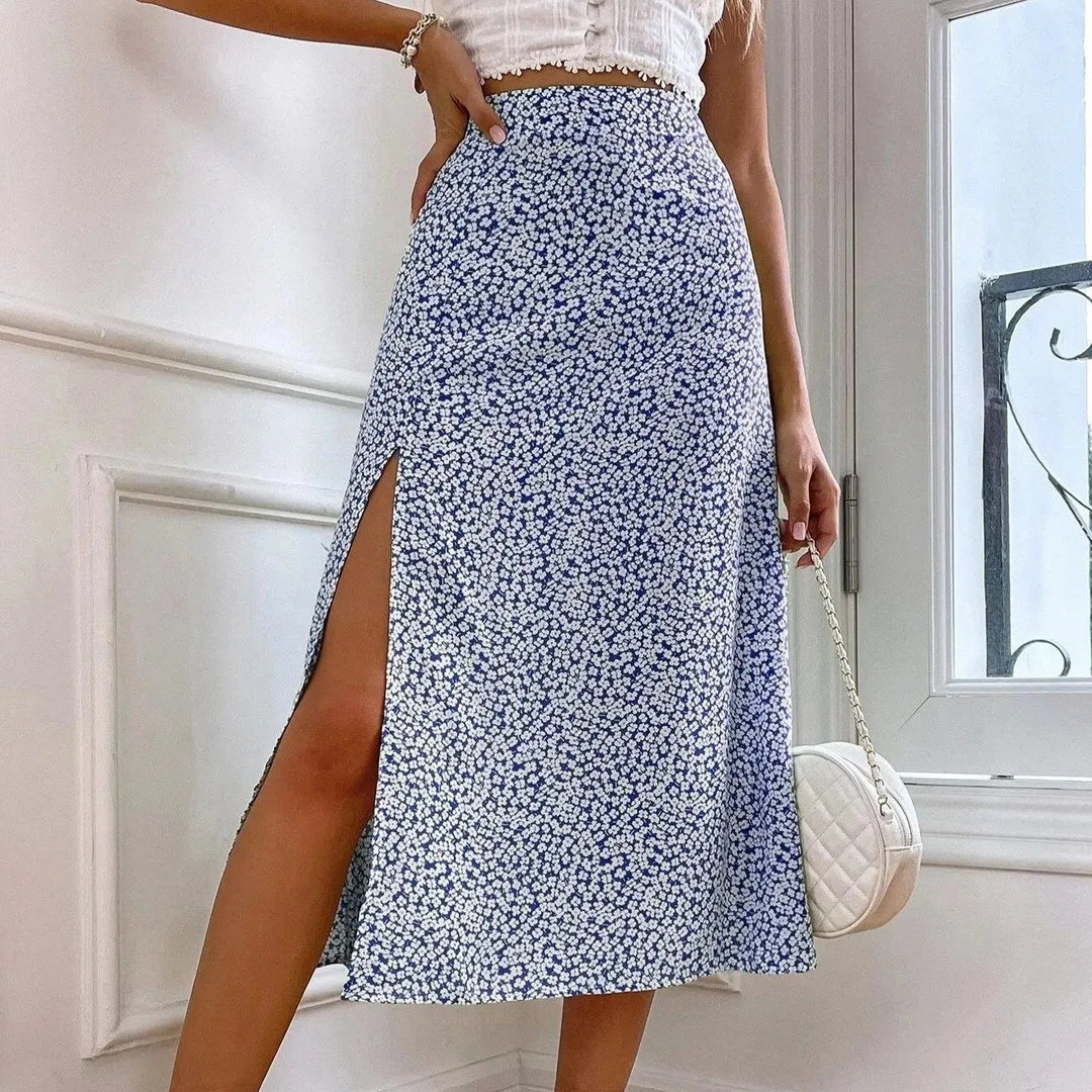 2023 Autumn New European and American Floral Half Skirt  Cross Border Foreign Trade Split A-line Wrap Hip Mid Waist Long D  Amaijoin