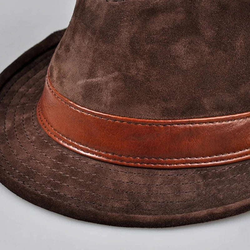 Men Genuine Leather Suede Cow Skin Nubuck Brown Fedoras Hats Women Gentleman Male Jazz Hip Pop Caps 56-60cm Fitted Hat  Amaijoin