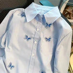 Carregue a imagem no visualizador da Galeria, DUOJIHUI Blue Fashion Butterfly Embroidery Sweet Women Shirt Spring Loose Simple Single Breasted Casual Solid Color Female Shirt  Amaijoin
