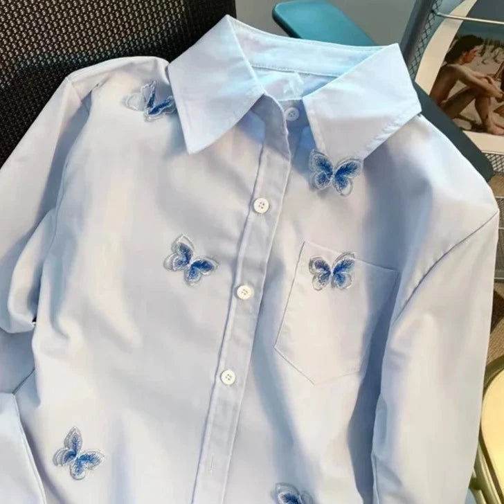 DUOJIHUI Blue Fashion Butterfly Embroidery Sweet Women Shirt Spring Loose Simple Single Breasted Casual Solid Color Female Shirt  Amaijoin