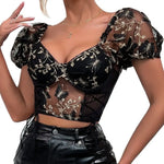 Carregue a imagem no visualizador da Galeria, Koltailace Bufferfly Embroidery Puff Sleeve Top Women V Neck Summer Backless Short Sleeve Sexy Cropped Top Blouse  Amaijoin
