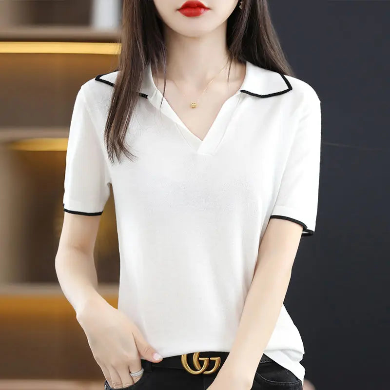 Clothing Short Sleeve Tee T-shirt Woman Plain Polo Neck Shirts for Women Red Tops Sale Luxury Youth Synthetic Aesthetic V Cotton  Amaijoin